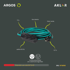 EXTENSIÓN USO RUDO REFORZADA CON TIERRA 5 METROS 16 AWG, VERDE, ARGOS 9730063