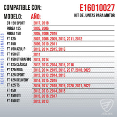 ITALIKA E16010027 KIT DE JUNTAS PARA MOTOR FT150