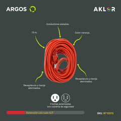 EXTENSIÓN USO RUDO REFORZADA CON TIERRA 30 METROS 16 AWG, NARANJA, ARGOS 9710315