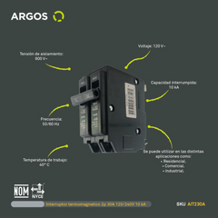 ARGOS Interruptor termomagnético de 2 Polos, 30A, 60 Hz, 10 kA