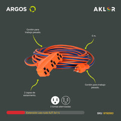 EXTENSIÓN USO RUDO REFORZADA CON TIERRA 5 METROS 14 AWG, AZUL CON NARANJA, ARGOS 9770093