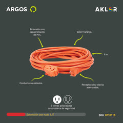 EXTENSIÓN USO RUDO REFORZADA CON TIERRA 6 METROS 16 AWG, NARANJA, ARGOS 9710115