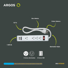 ARGOS 9700400 MULTICONTACTO 4 TOMAS ATERRIZADAS 2 TOMAS USB