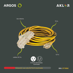 EXTENSIÓN USO RUDO REFORZADA CON TIERRA ILUMINADA 10 METROS 14 AWG, AMARILLO CON NEGRO, ARGOS 977009