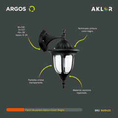 ARGOS 9400420 FAROL DE PARED CLÁSICO NEGRO 127 V~ 60 Hz E27