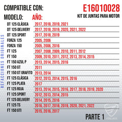 ITALIKA E16010028 KIT DE JUNTAS PARA MOTOR DT125 CLASICA