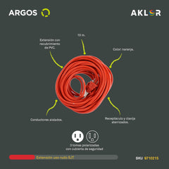 EXTENSIÓN USO RUDO REFORZADA CON TIERRA 10 METROS 16 AWG, NARANJA, ARGOS 9710215