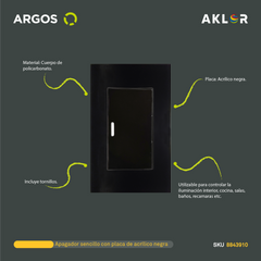 ARGOS 8843910 APAGADOR SENCILLO CON PLACA DE ACRÍLICO NEGRO