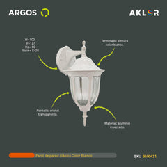 ARGOS 9400421 FAROL DE PARED CLÁSICO BLANCO 127 V~ 60 Hz E27