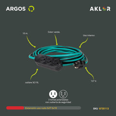 EXTENSIÓN USO RUDO REFORZADA CON TIERRA 10 METROS 16 AWG, VERDE, ARGOS 9730113