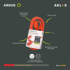 EXTENSIÓN USO RUDO REFORZADA CON TIERRA 4 METROS 16 AWG, NARANJA, ARGOS 9710065