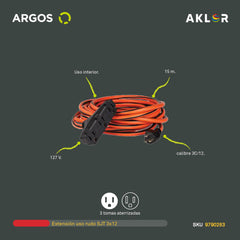 EXTENSIÓN USO RUDO REFORZADA CON TIERRA 15 METROS 12 AWG, NARANJA CON NEGRO, ARGOS 9790263