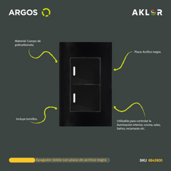 ARGOS 8843900 APAGADOR DOBLE CON PLACA DE ACRÍLICO NEGRO