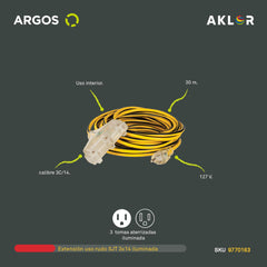 EXTENSIÓN USO RUDO REFORZADA CON TIERRA ILUMINADA 30 METROS 14 AWG, AMARILLO CON NEGRO, ARGOS 977016