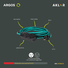 EXTENSIÓN USO RUDO REFORZADA CON TIERRA 30 METROS 16 AWG, ARGOS 9730213