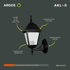 ARGOS 9400425 FAROL DE PARED COLONIAL NEGRO 127 V~ 60 Hz E27